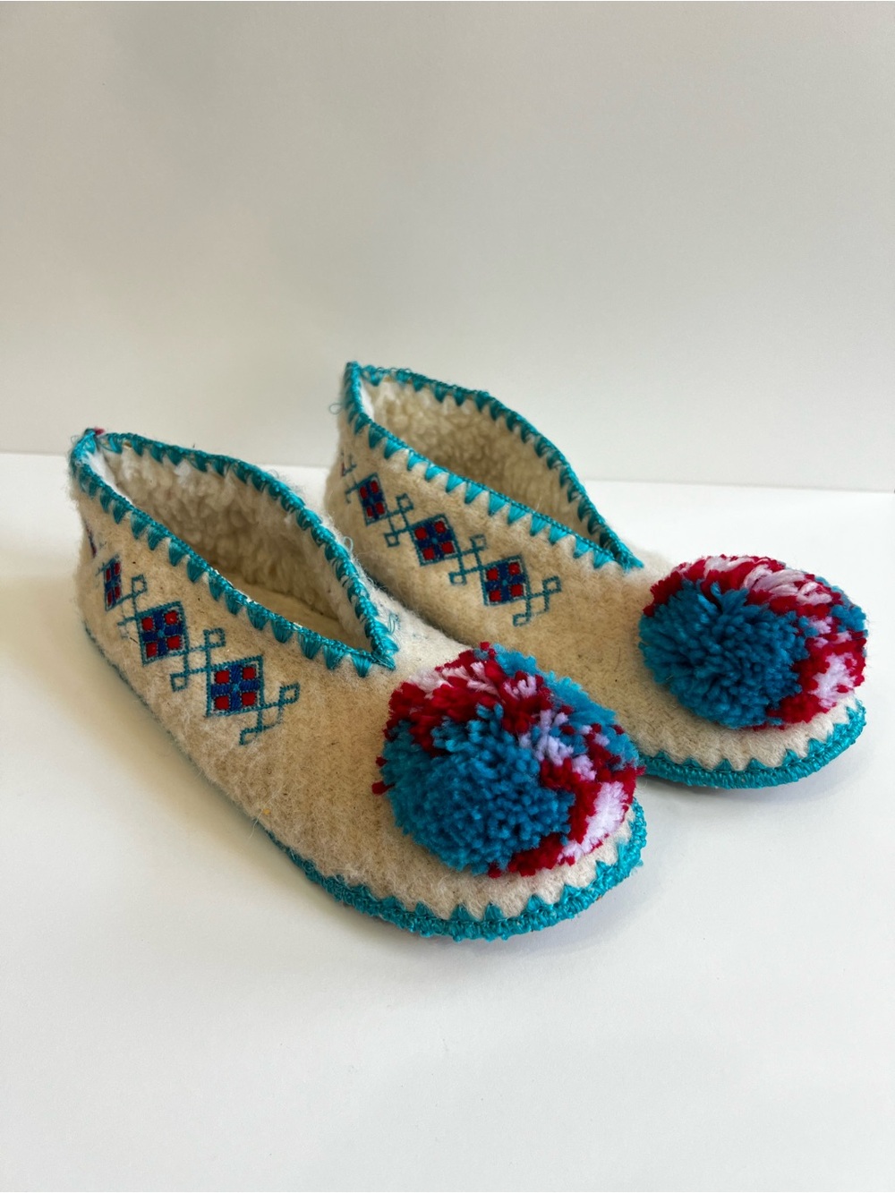 Handmade Traditional Greek Slippers Wool Leather Pom Pom Embroidered Bohemian 40